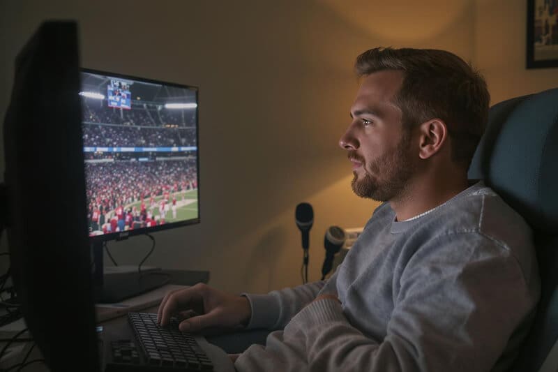 Photo of a man watching a game match on a computer