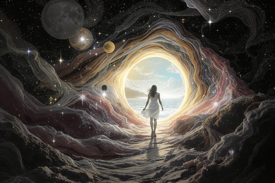 Photo of woman walking through a mystical portal